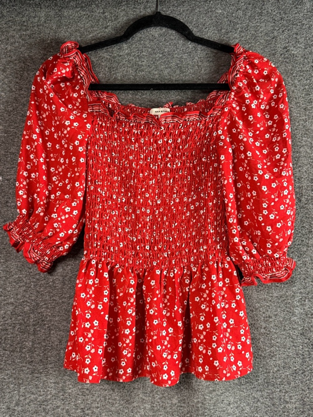 Max Studio Red Floral Smocked Top Puff Sleeve Peplum Blouse XS